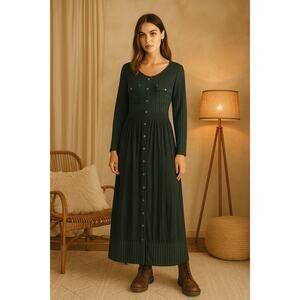 Carole Little Green Jacquard Button-Front Long Sleeve Maxi Dress | Size 8